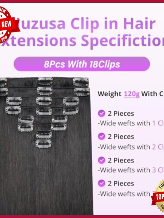 24 Inch Clip In Human Hair Extensions, 8 Piece Set, Seamless Straight main image 4